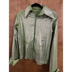 Tuff Rider Womens Activewear Shirt Jacket Green Tiger Print Collared Large L EUC